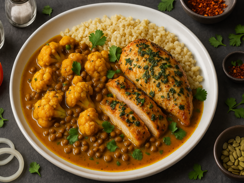 Potrawka curry z kalafiorem, ziołowym kurczakiem i soczewicą podana z kaszą bulgur