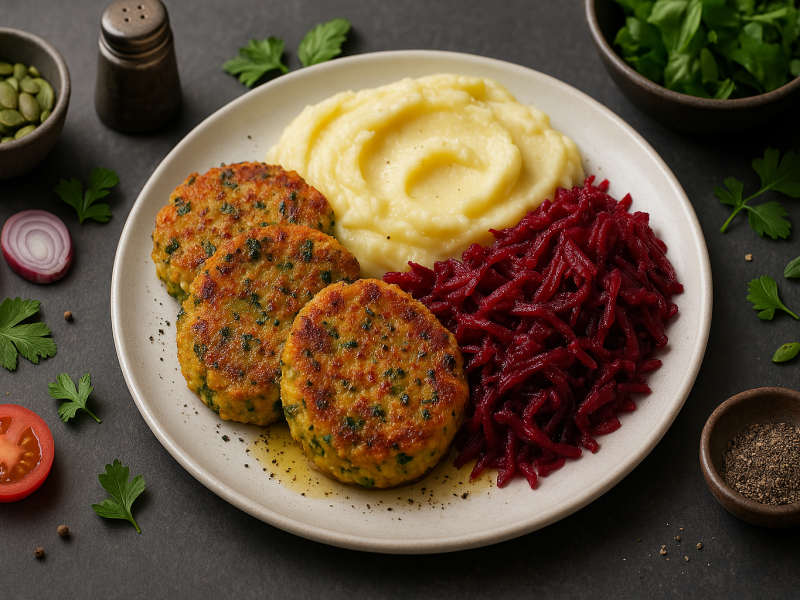 Wegetariańskie kotleciki z ciecierzycy i kapusty z puree ziemniaczanym i surówką z buraka